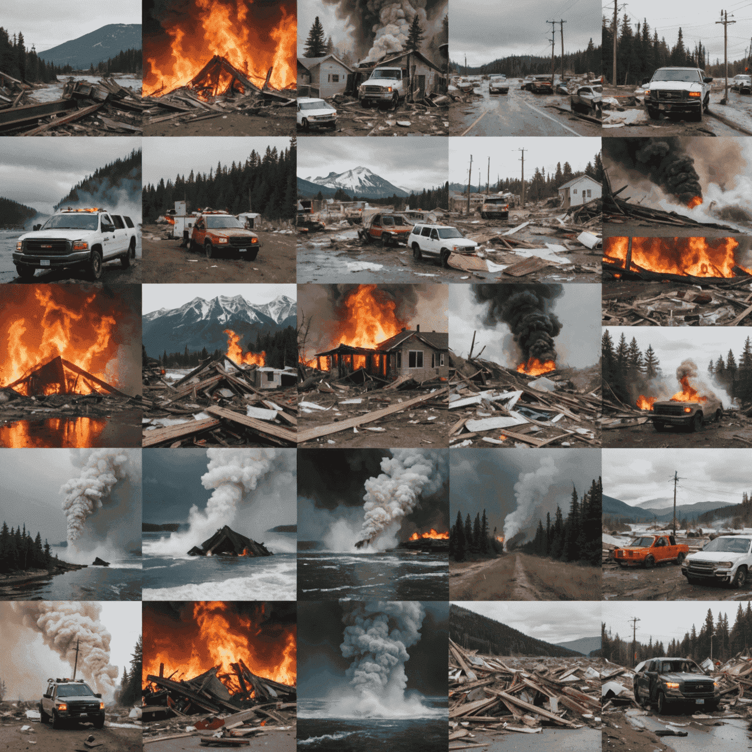 Collage of urgent news stories from across Canada, featuring diverse scenes of natural disasters, political events, and social movements