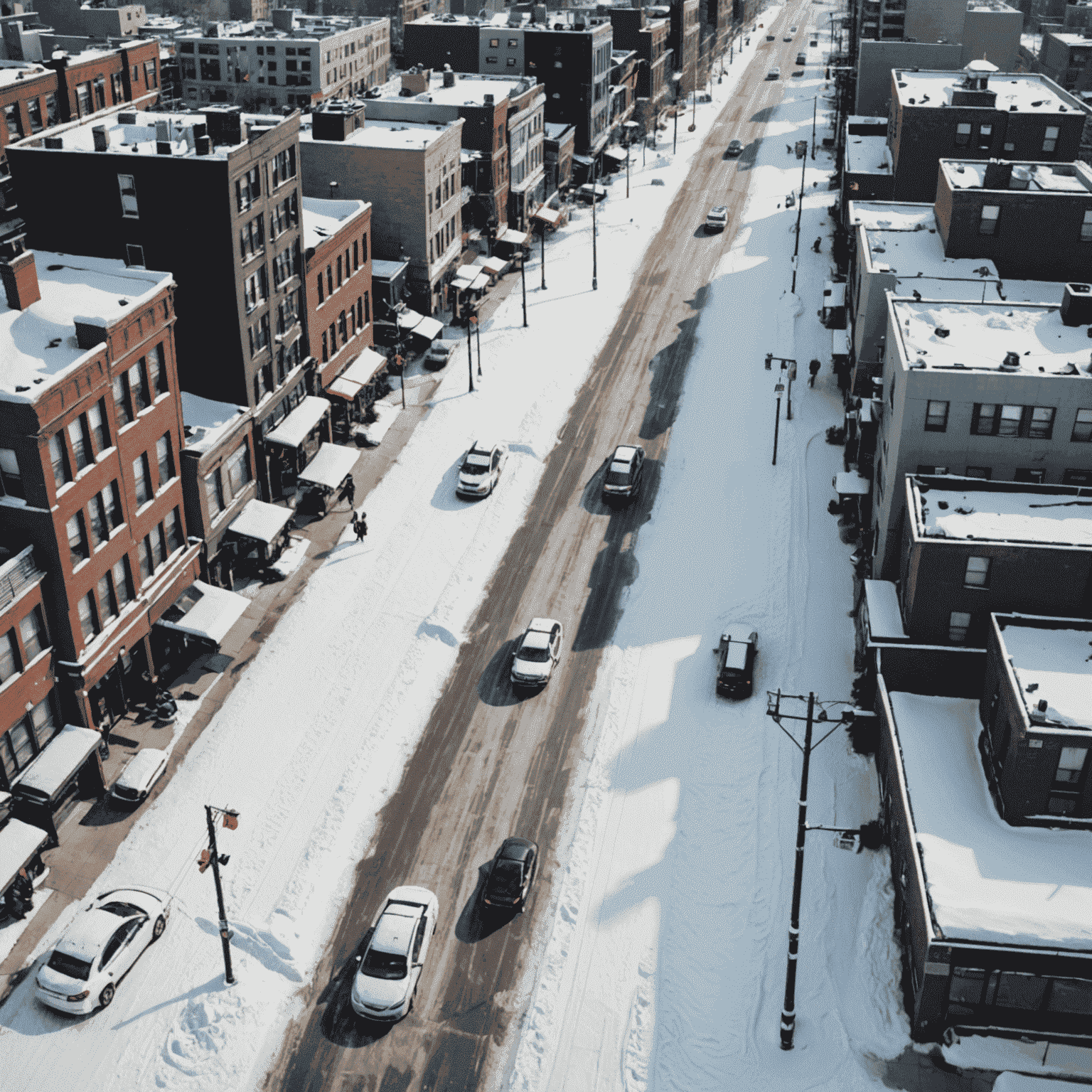 Aerial view of snow-covered streets in Toronto, with cars barely visible and people trudging through deep snow