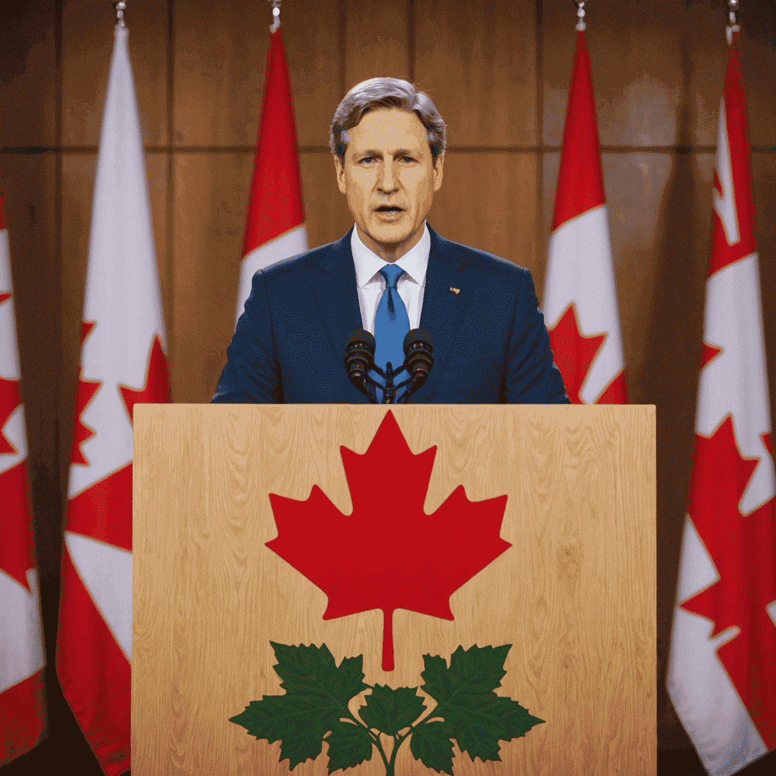 Prime Minister of Canada speaking at a podium with Canadian flag in the background, announcing new climate policy