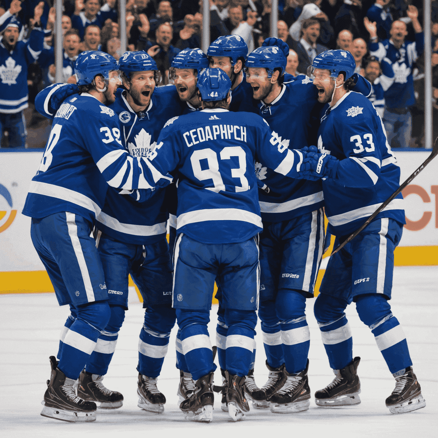 Toronto Maple Leafs players celebrating on ice after scoring the winning goal in overtime