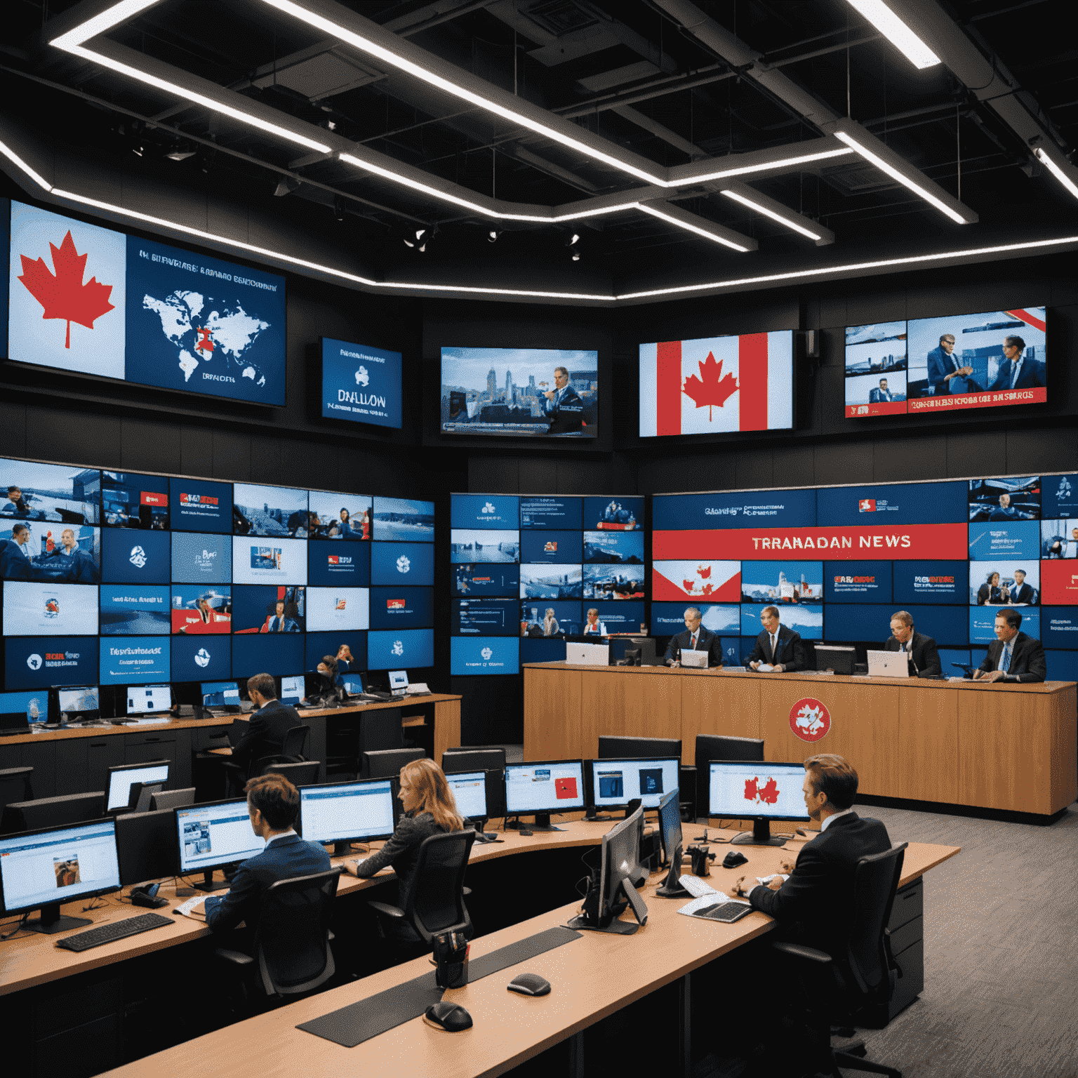 A dynamic newsroom with reporters working on breaking news stories, multiple screens showing live feeds, and a Canadian flag prominently displayed