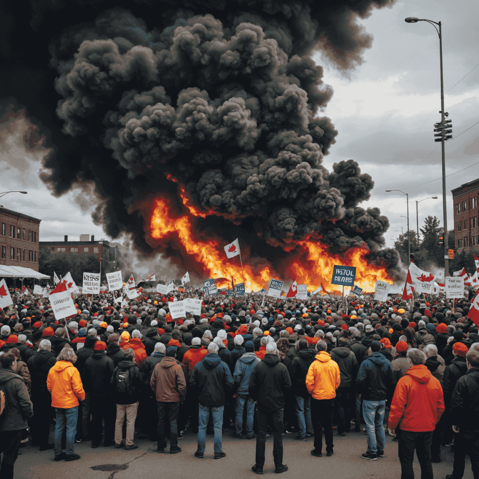 A dramatic image of a newsworthy event happening in Canada, such as a political rally or natural disaster