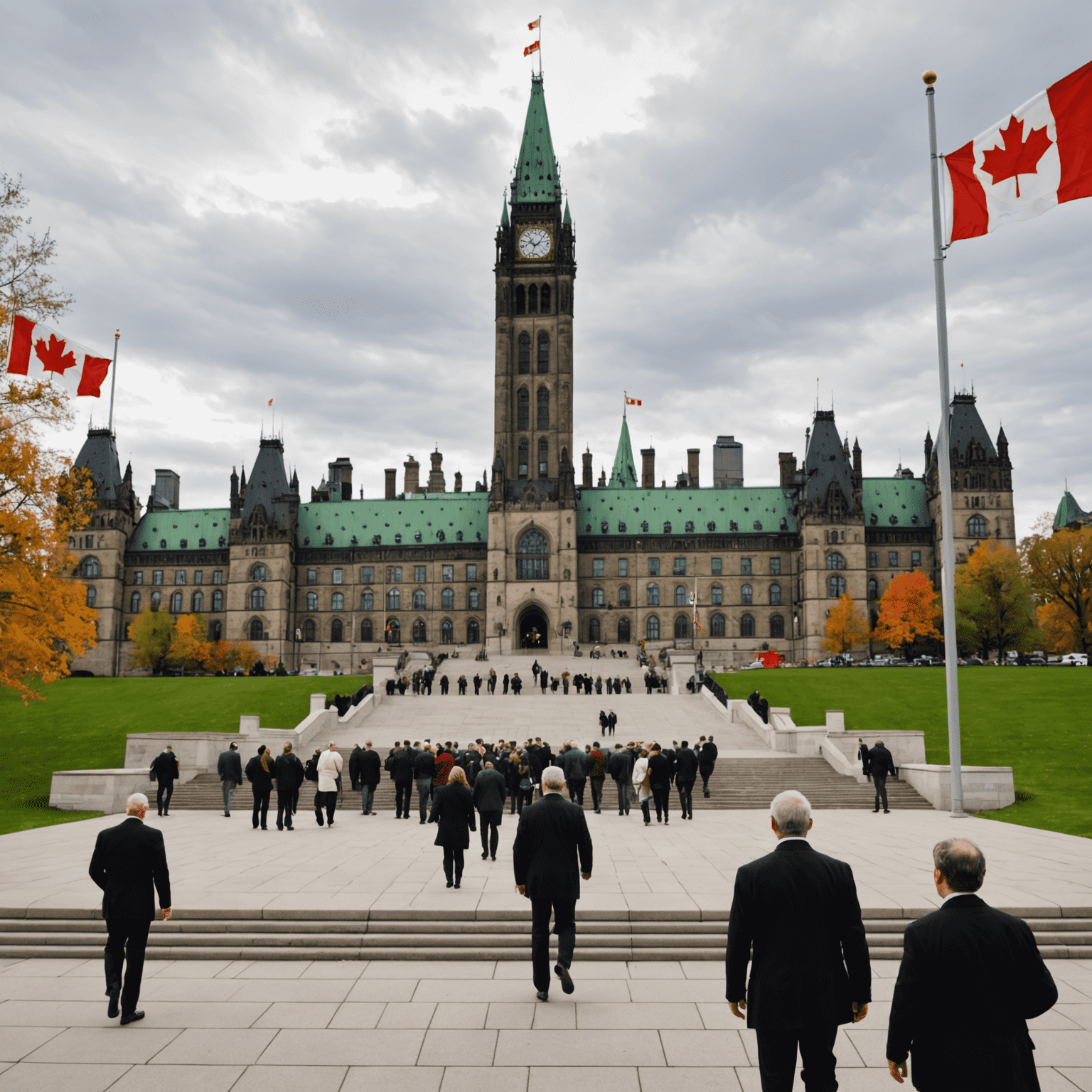 Canadian Parliament building in Ottawa with politicians walking up the steps, Canadian flag waving in the foreground