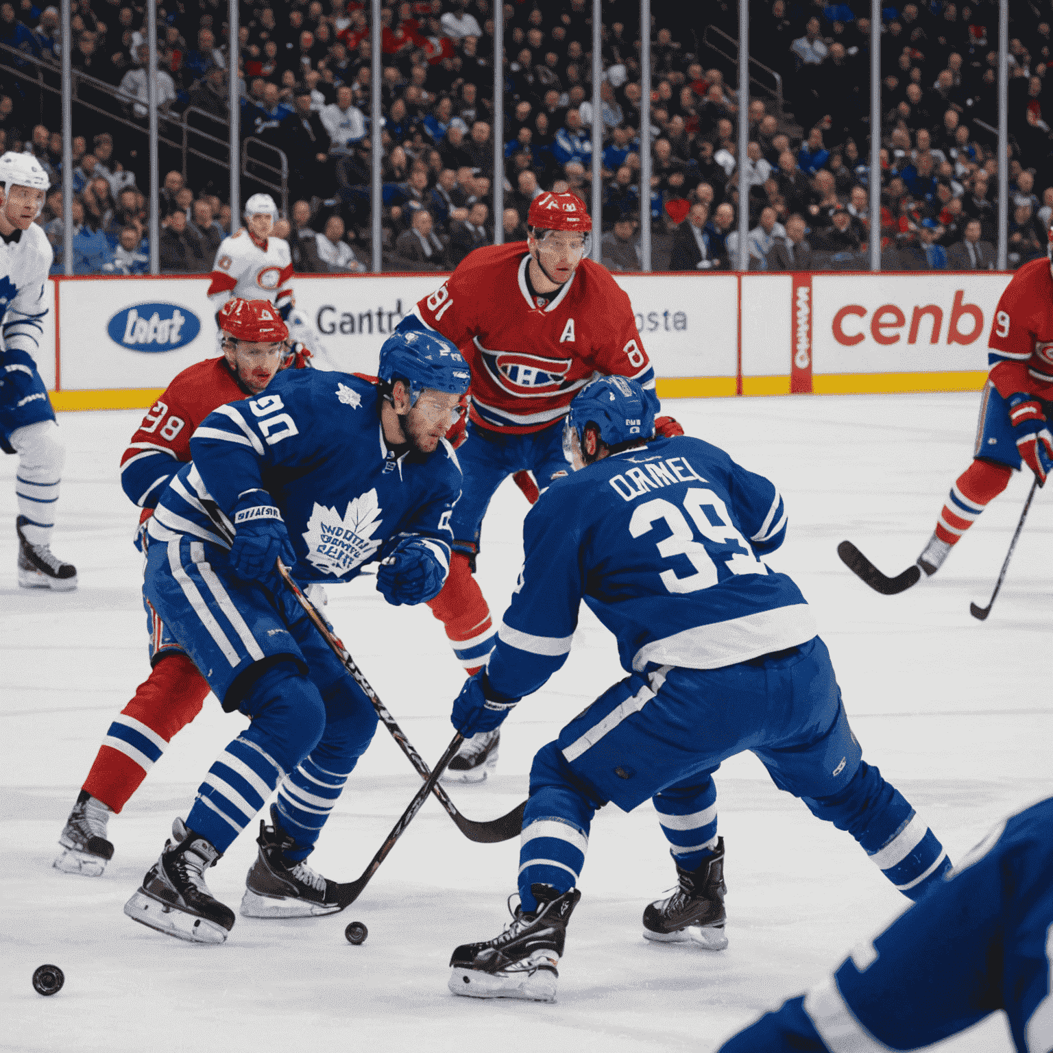 Action shot of a hockey game between Toronto Maple Leafs and Montreal Canadiens, players battling for the puck on ice