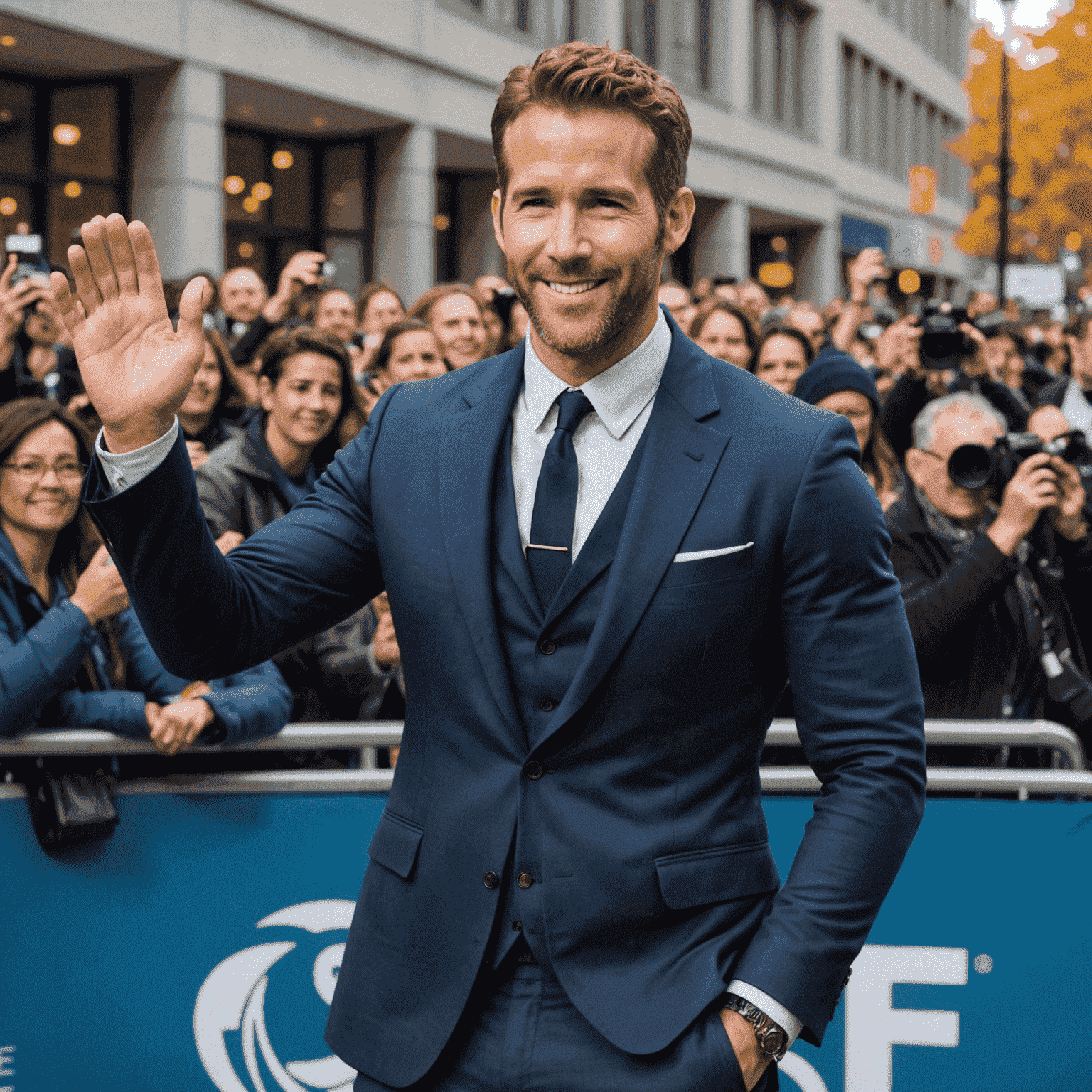 Ryan Reynolds smiling and waving to fans at the Vancouver Film Festival, wearing a stylish navy suit