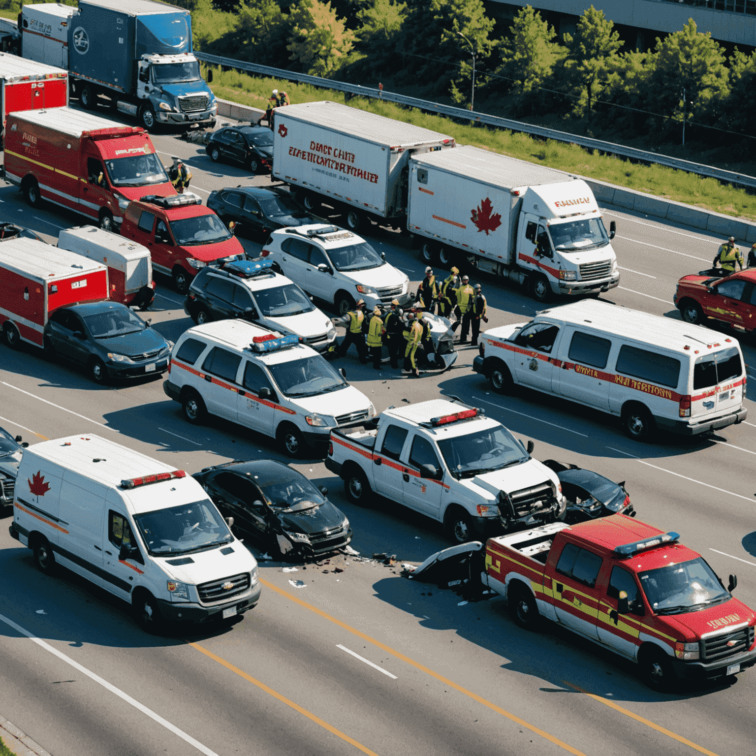 Major traffic accident on Highway 401 in Toronto with multiple vehicles involved and emergency responders on scene