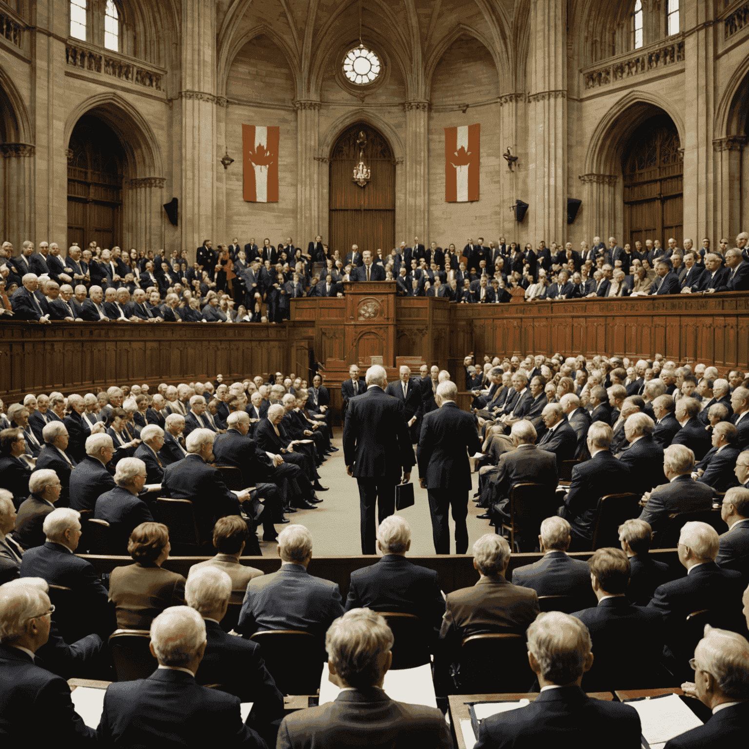 Montage of Canadian political figures, parliament buildings, and citizens engaged in political discussions