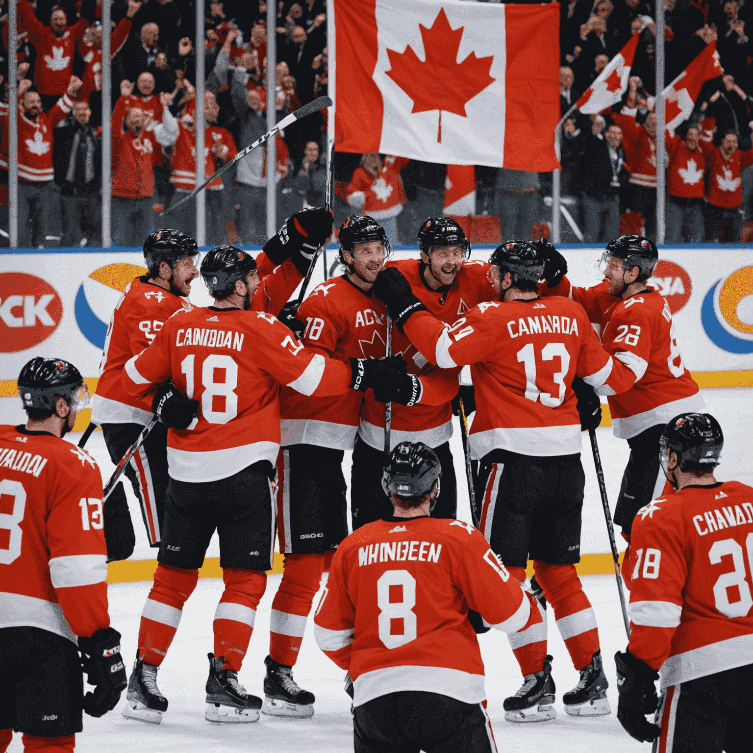 Canadian hockey team celebrating on ice after winning semi-final match, with Canadian flags waving in the background