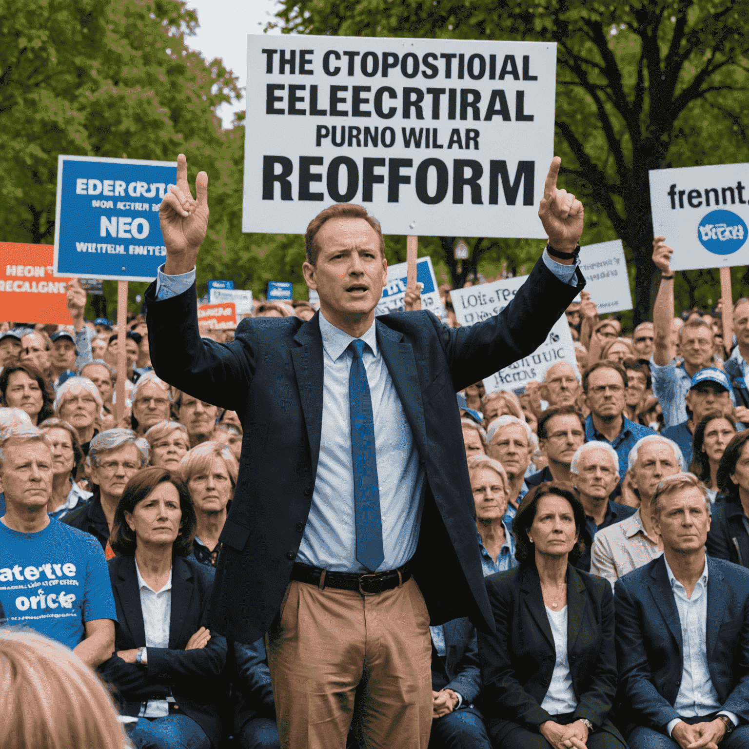 Opposition leader addressing a crowd at a rally, with signs calling for electoral reform visible