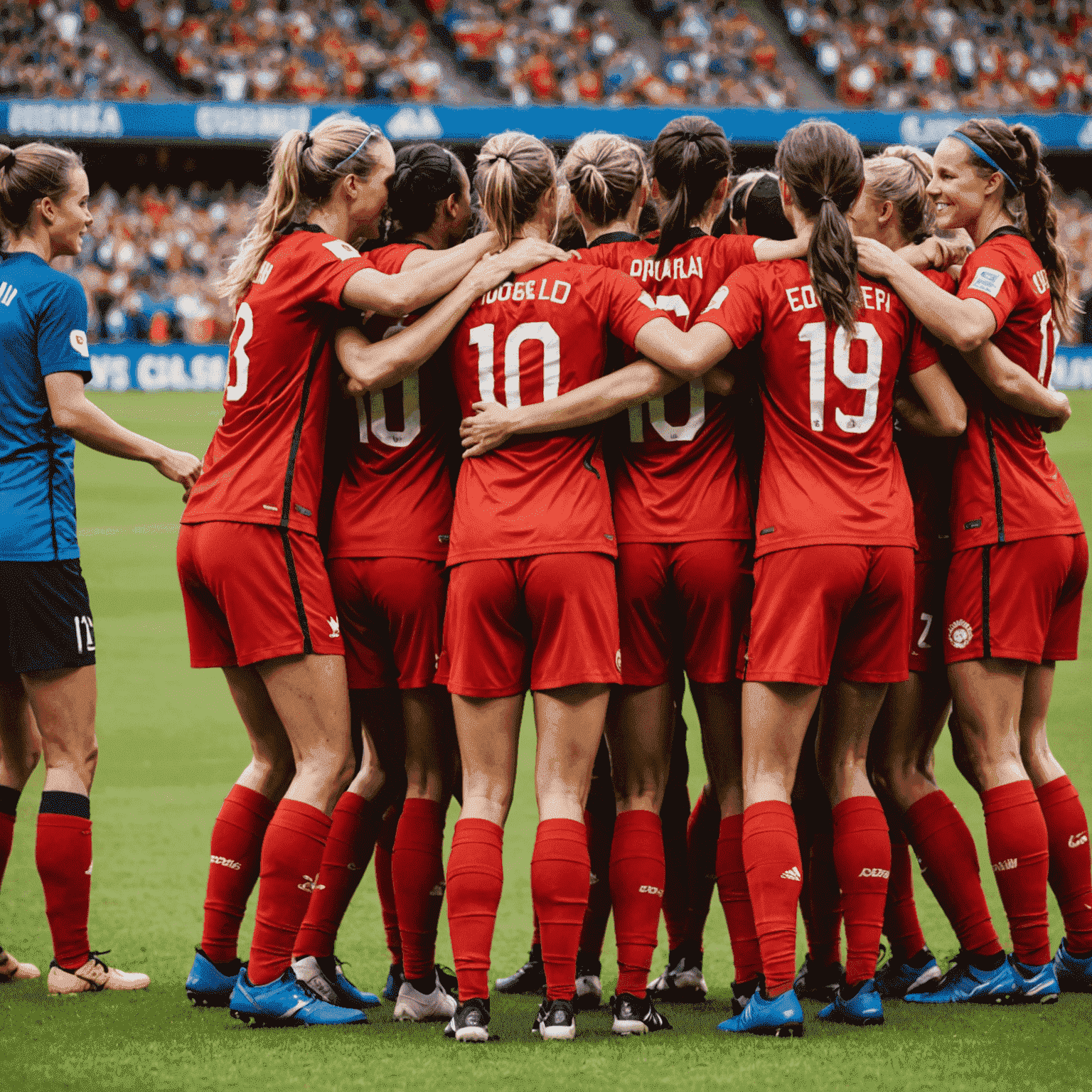 Canadian women's soccer team huddled together on field, celebrating after a goal