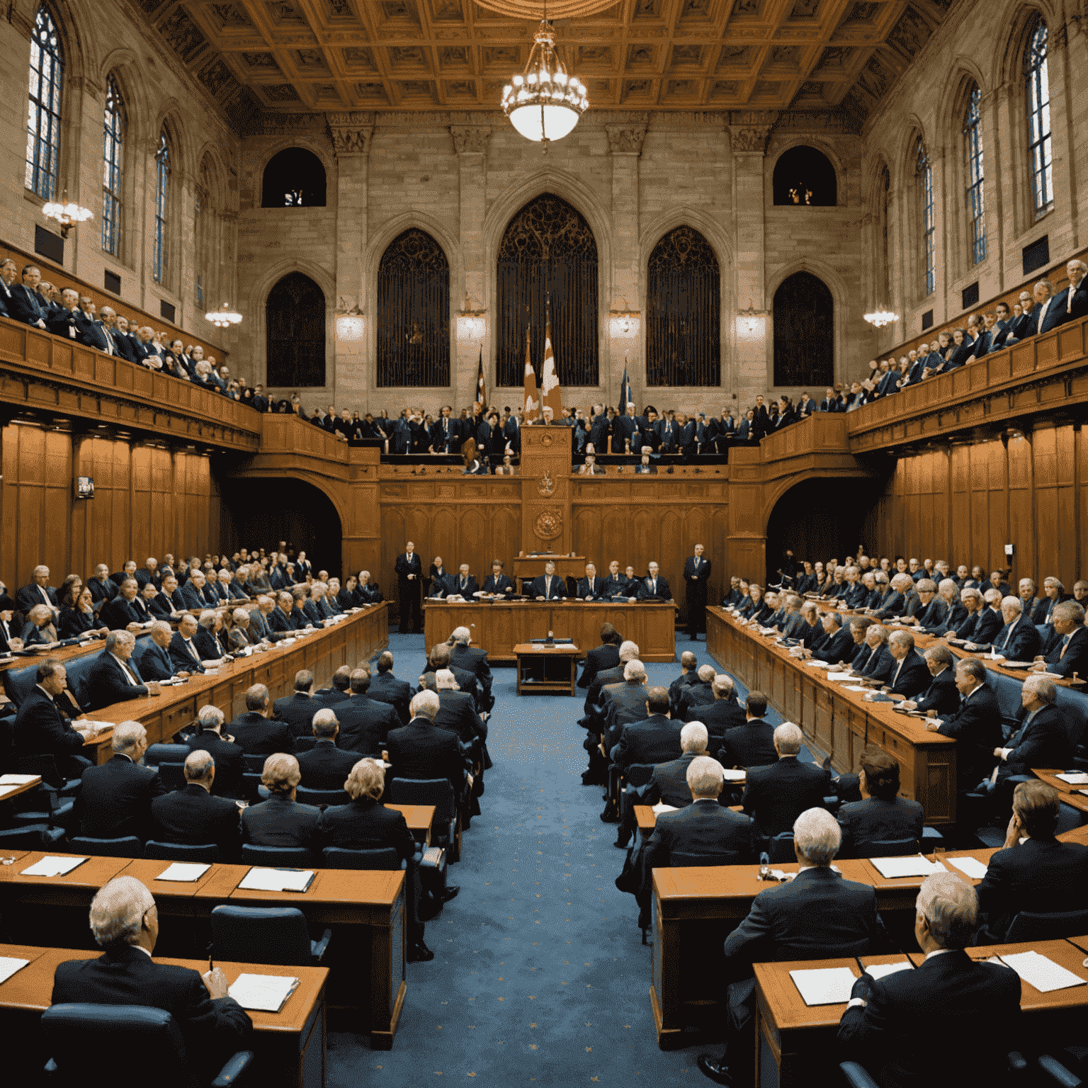 A montage of the Canadian Parliament building, provincial legislatures, and a diverse group of politicians engaged in debate