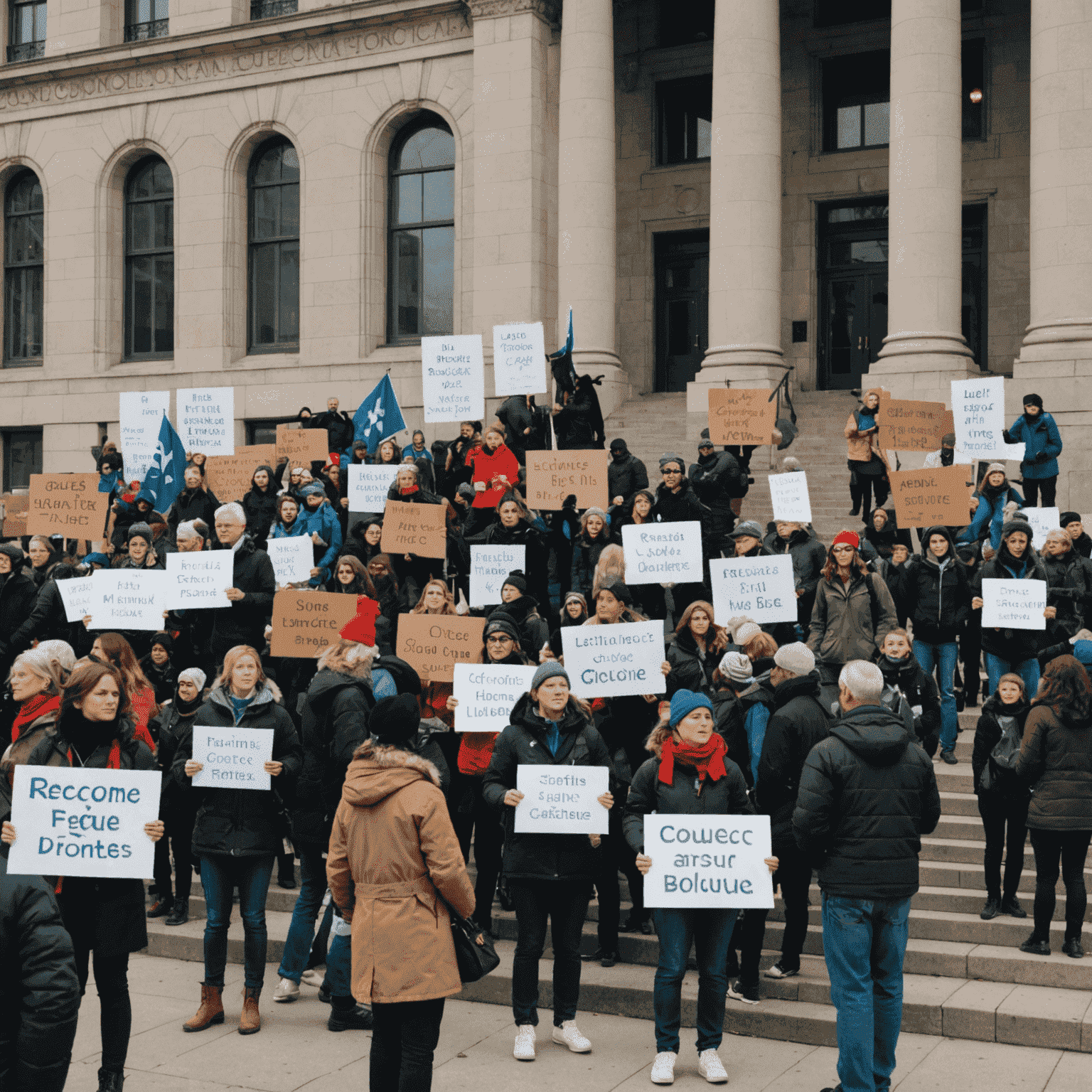 Quebec National Assembly building with protesters holding signs in French and English about language rights