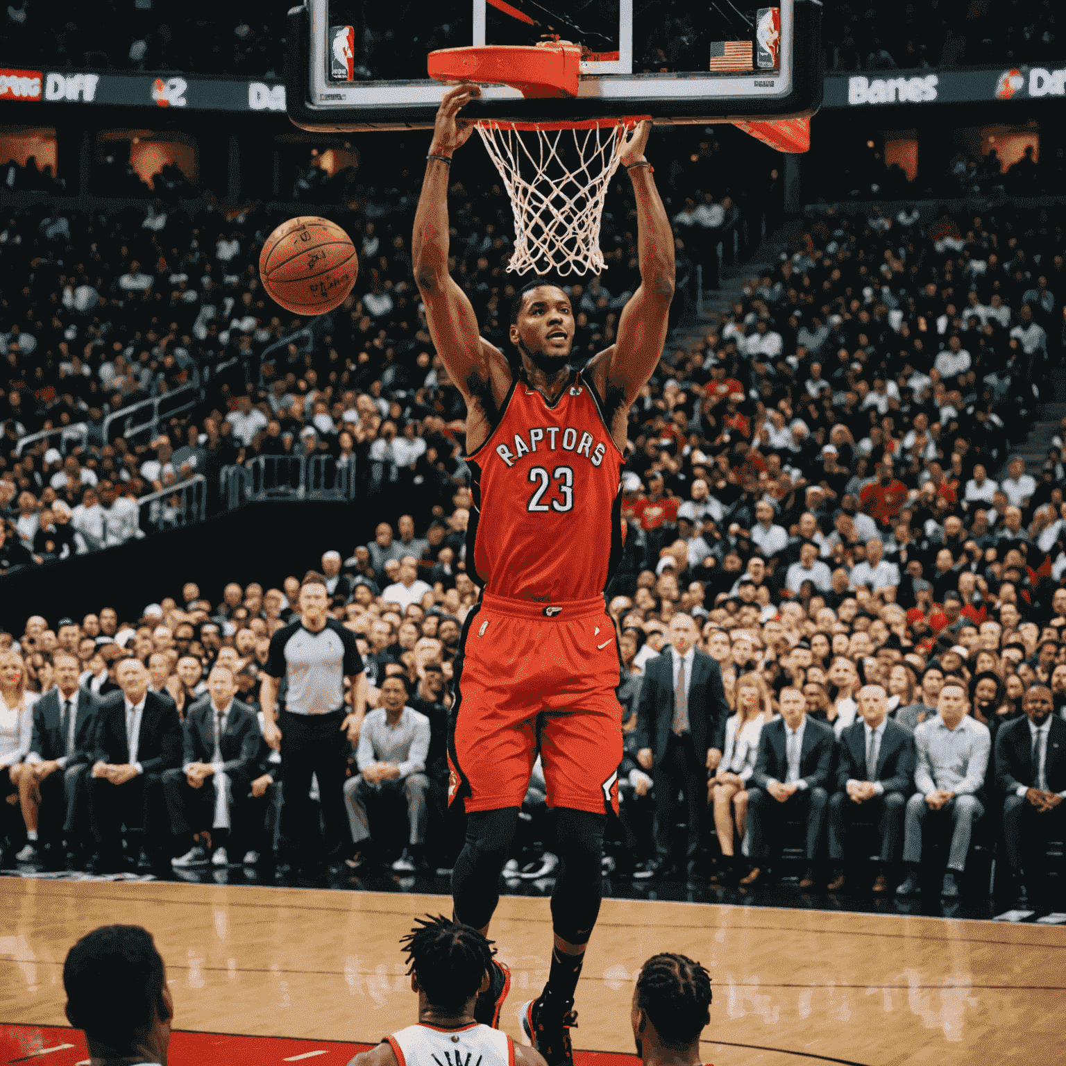 Toronto Raptors player dunking the ball in a packed arena, fans cheering in the background