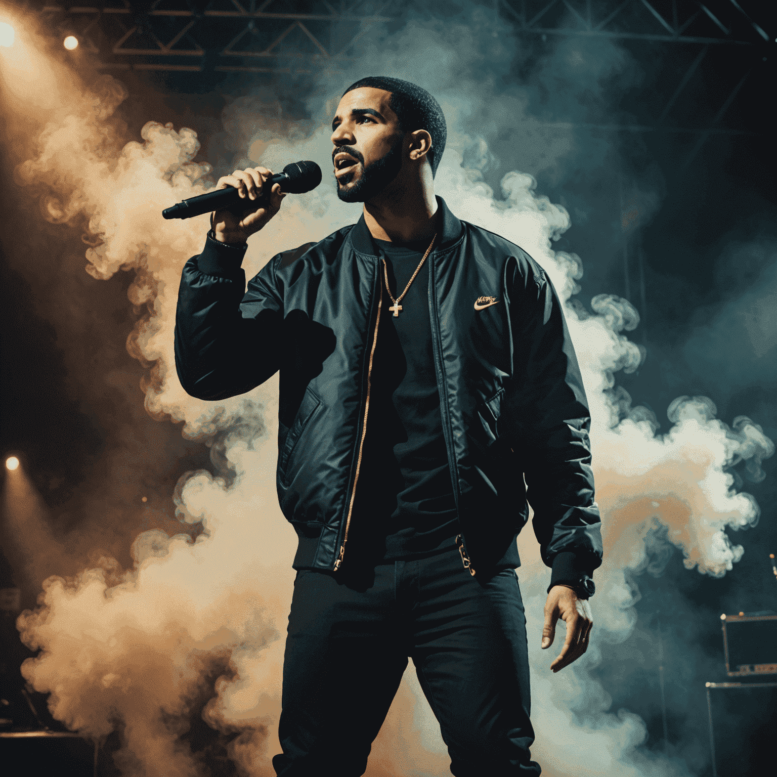 Drake performing on stage with a microphone, surrounded by dramatic lighting and smoke effects