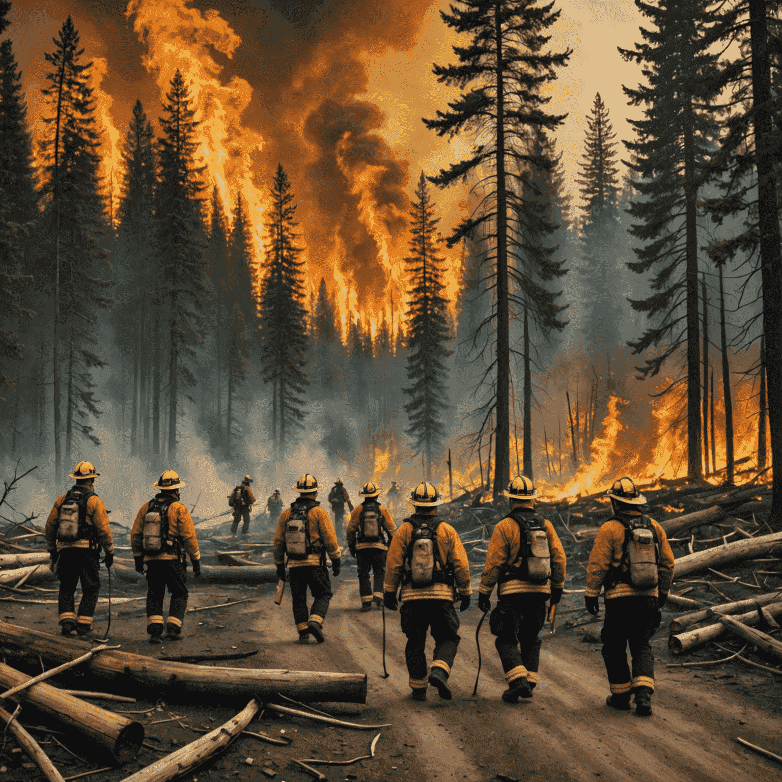 Raging wildfire in British Columbia forest with firefighters battling the blaze