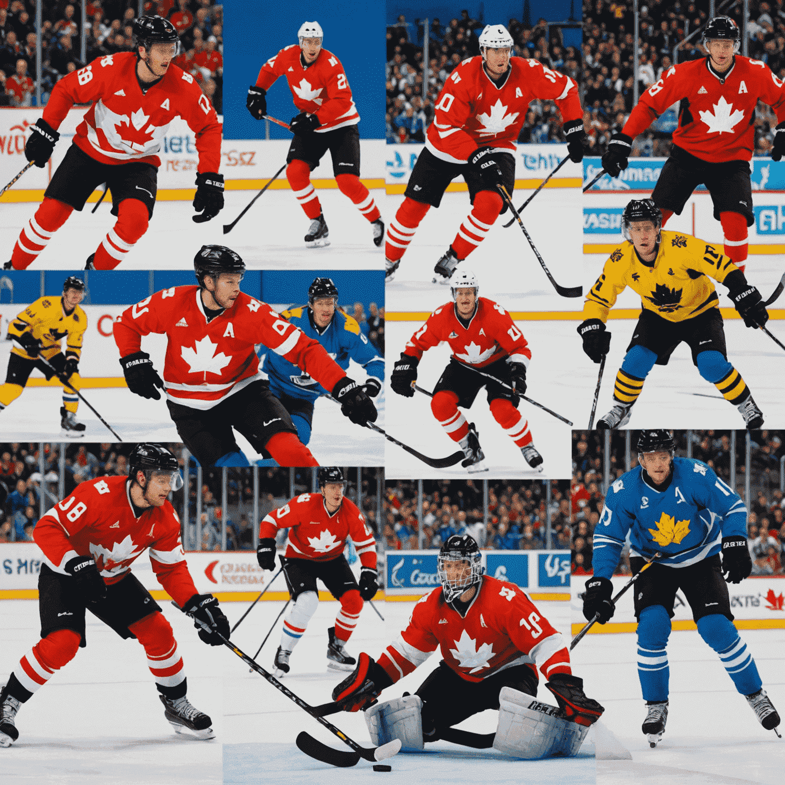 Collage of Canadian athletes in action, featuring hockey, basketball, and skiing scenes