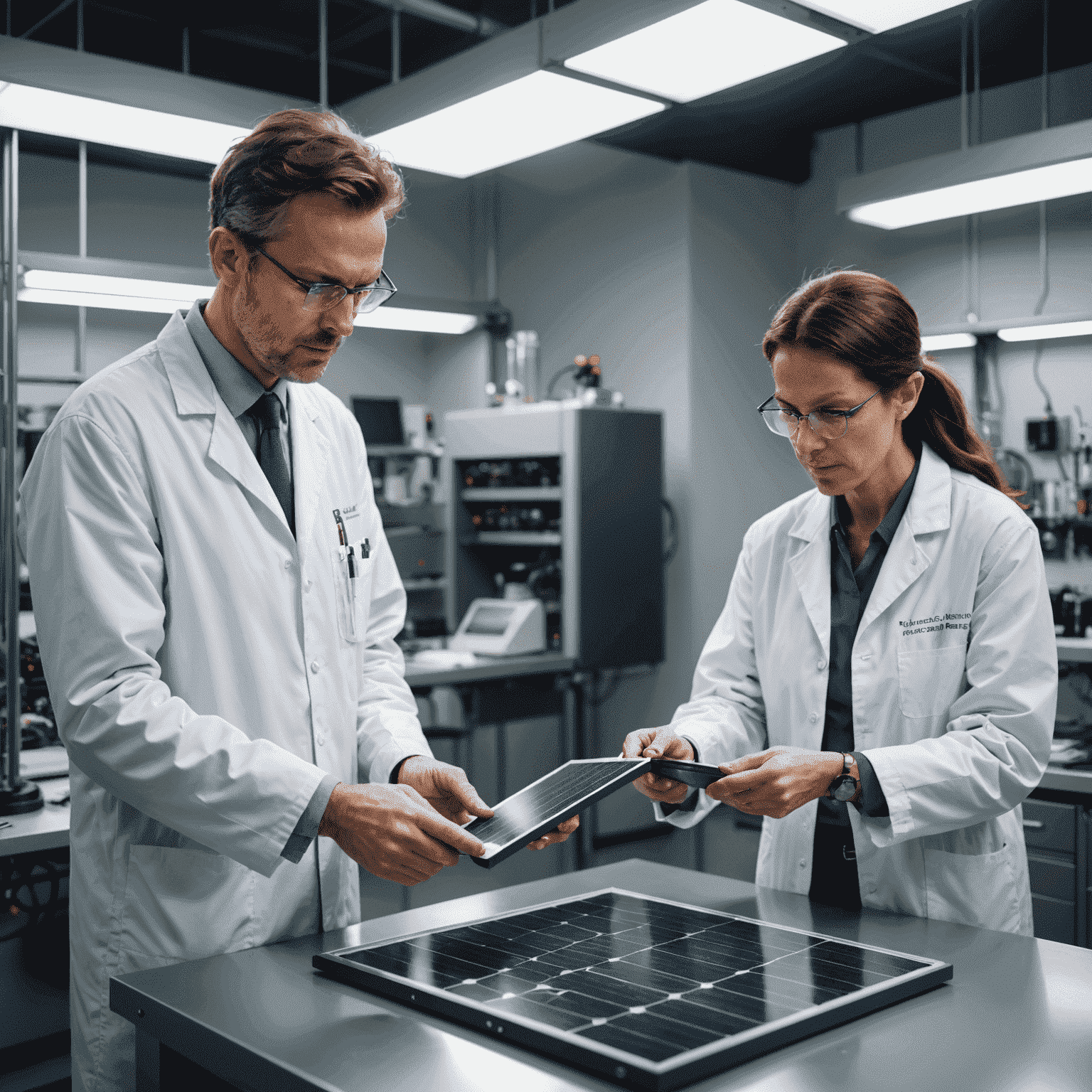 Scientists in a lab examining a new type of solar panel with a unique, iridescent surface