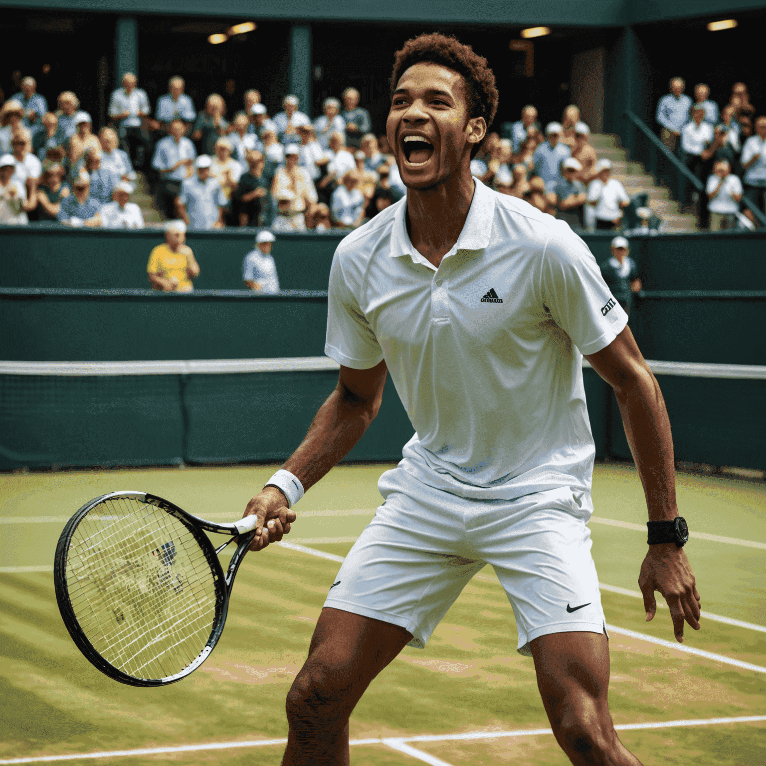 Felix Auger-Aliassime celebrating on tennis court after winning a match