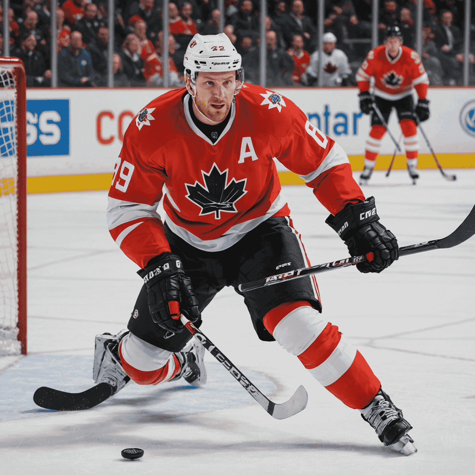 A dynamic image of a Canadian hockey player scoring a goal