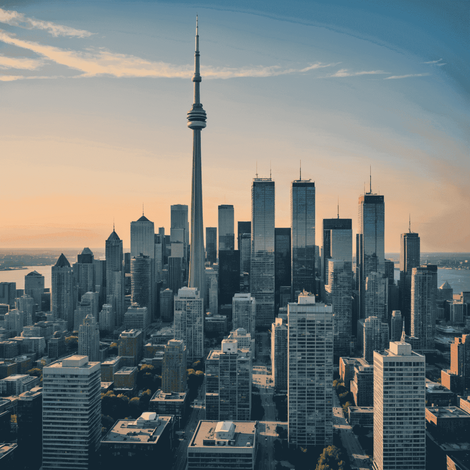 Toronto skyline with CN Tower prominent, overlaid with headshots of diverse mayoral candidates