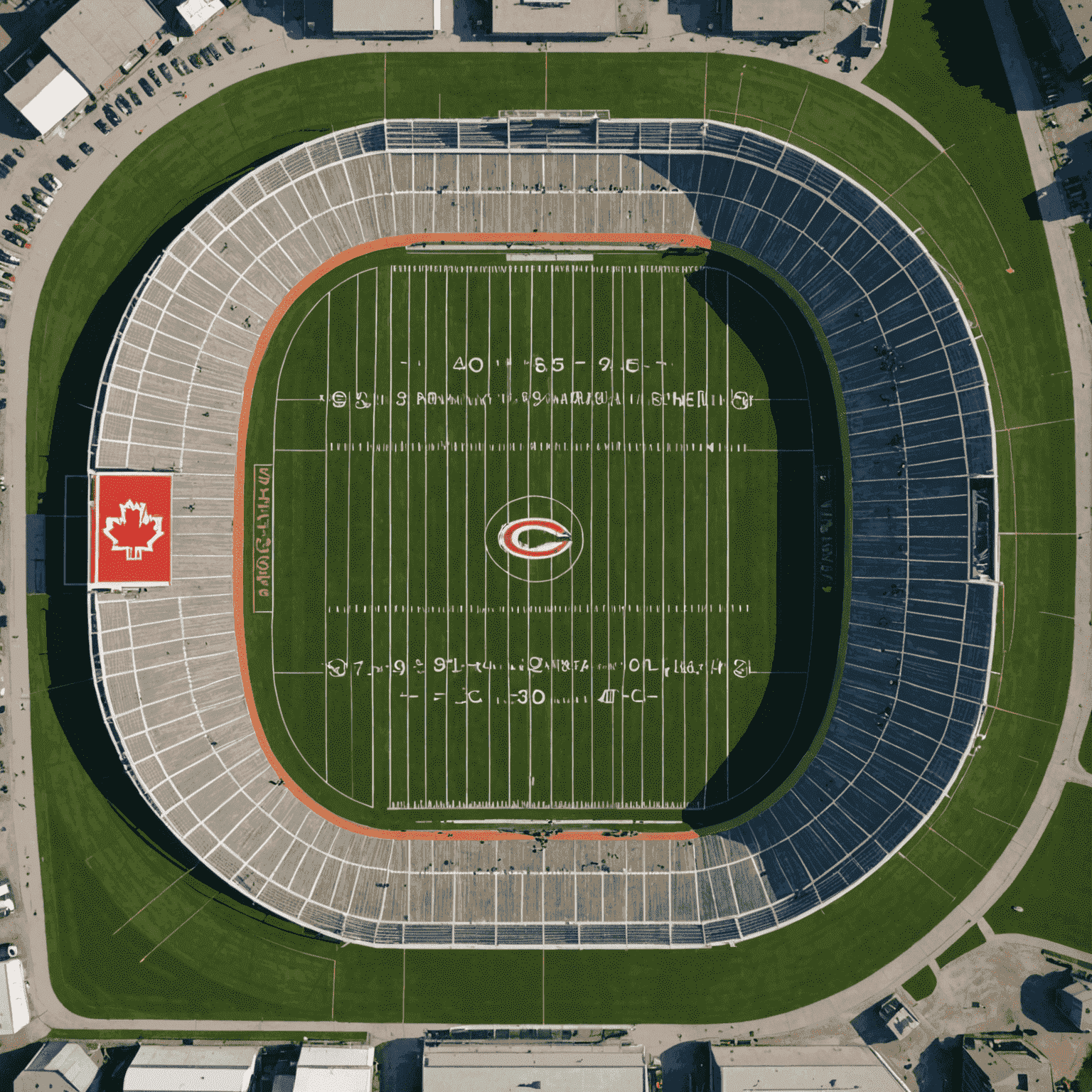 Aerial view of a Canadian Football League game in progress, showing the unique field and end zones