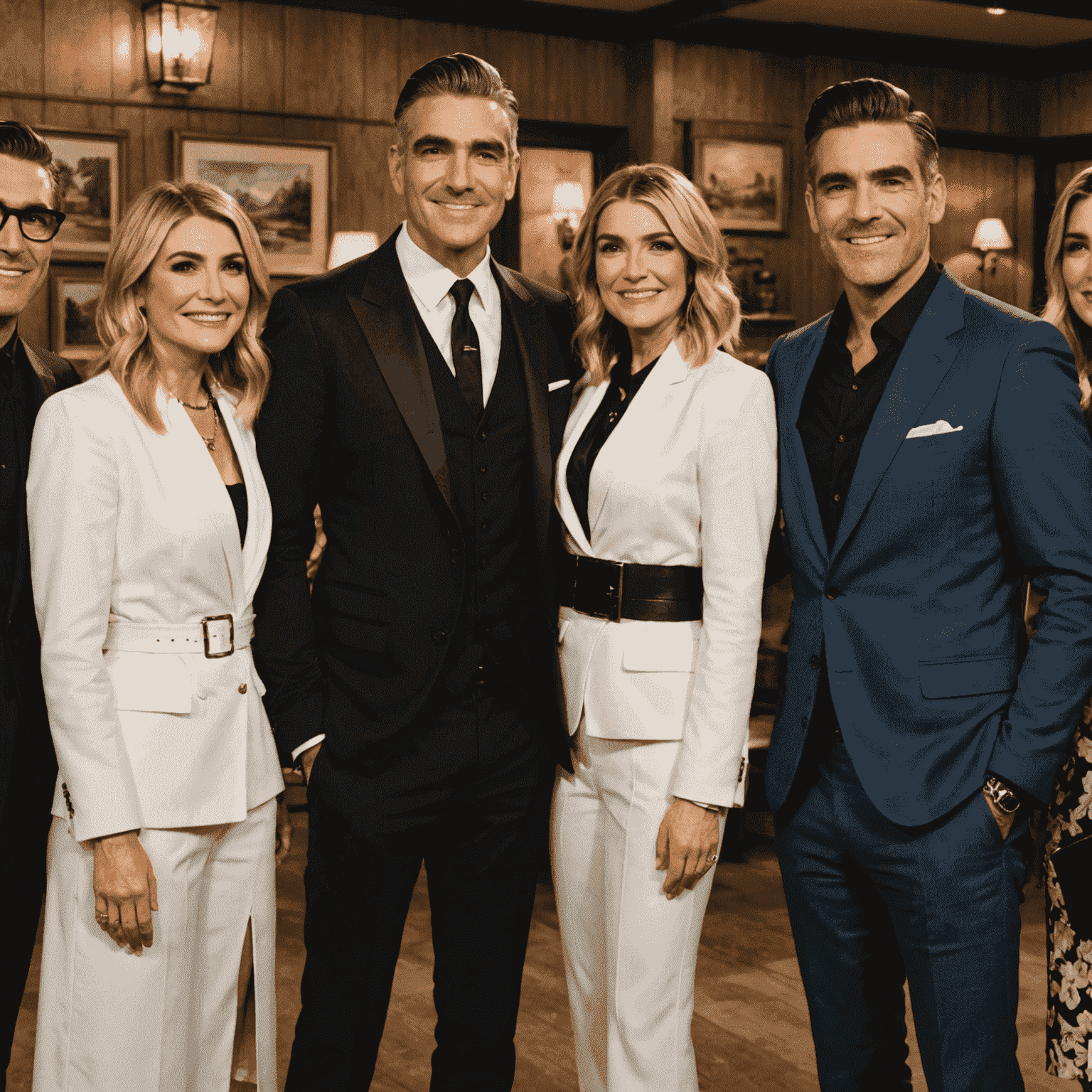 The main cast of Schitt's Creek posing together, smiling and dressed in character