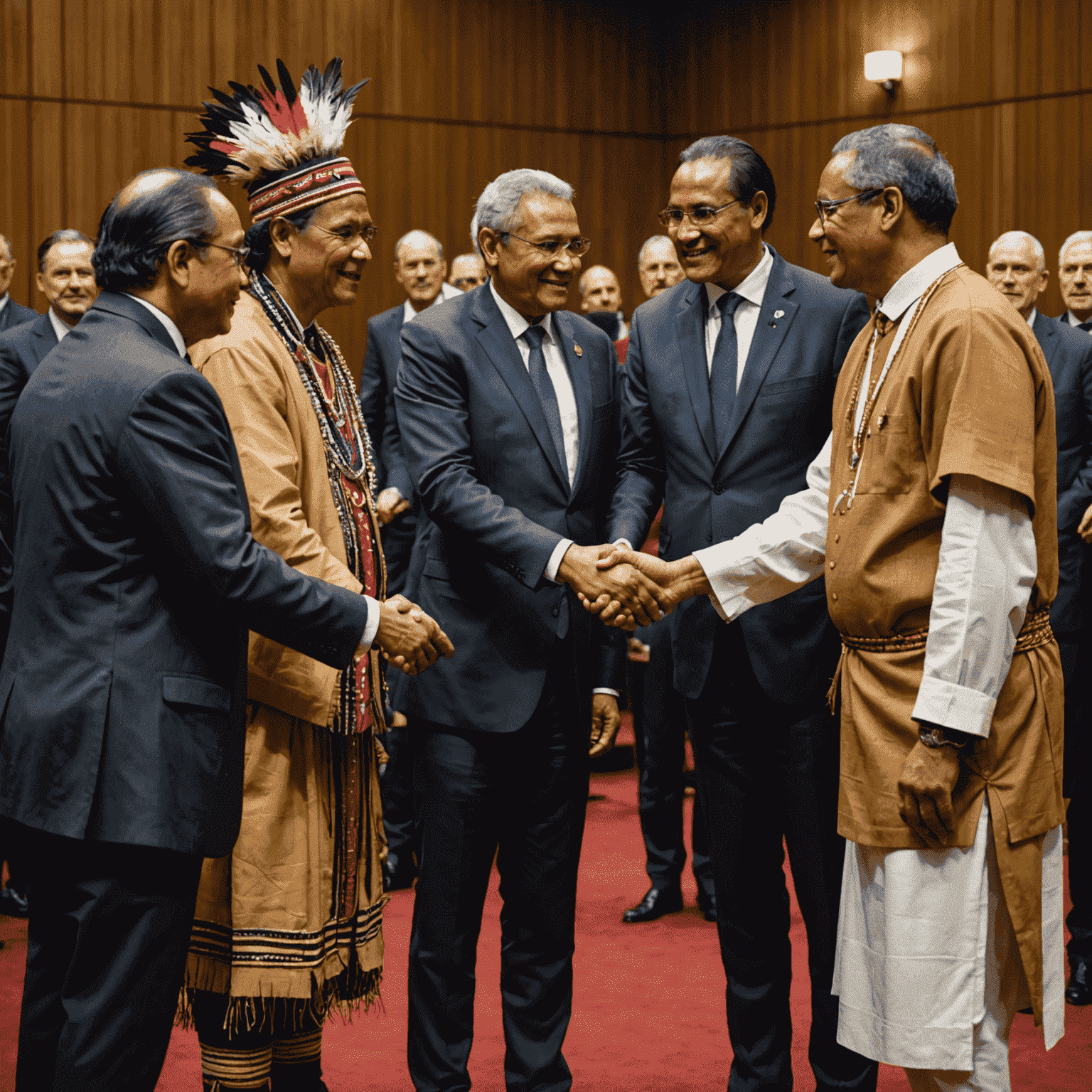 Indigenous leaders and government officials shaking hands after the introduction of a new bill in Parliament