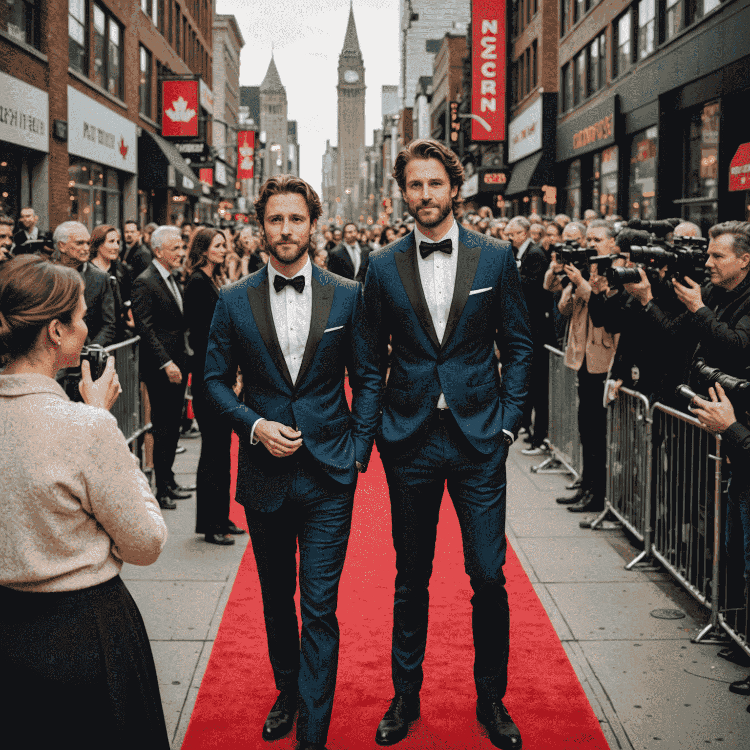 A red carpet event with Canadian celebrities, paparazzi flashing cameras, and a backdrop of Toronto's entertainment district