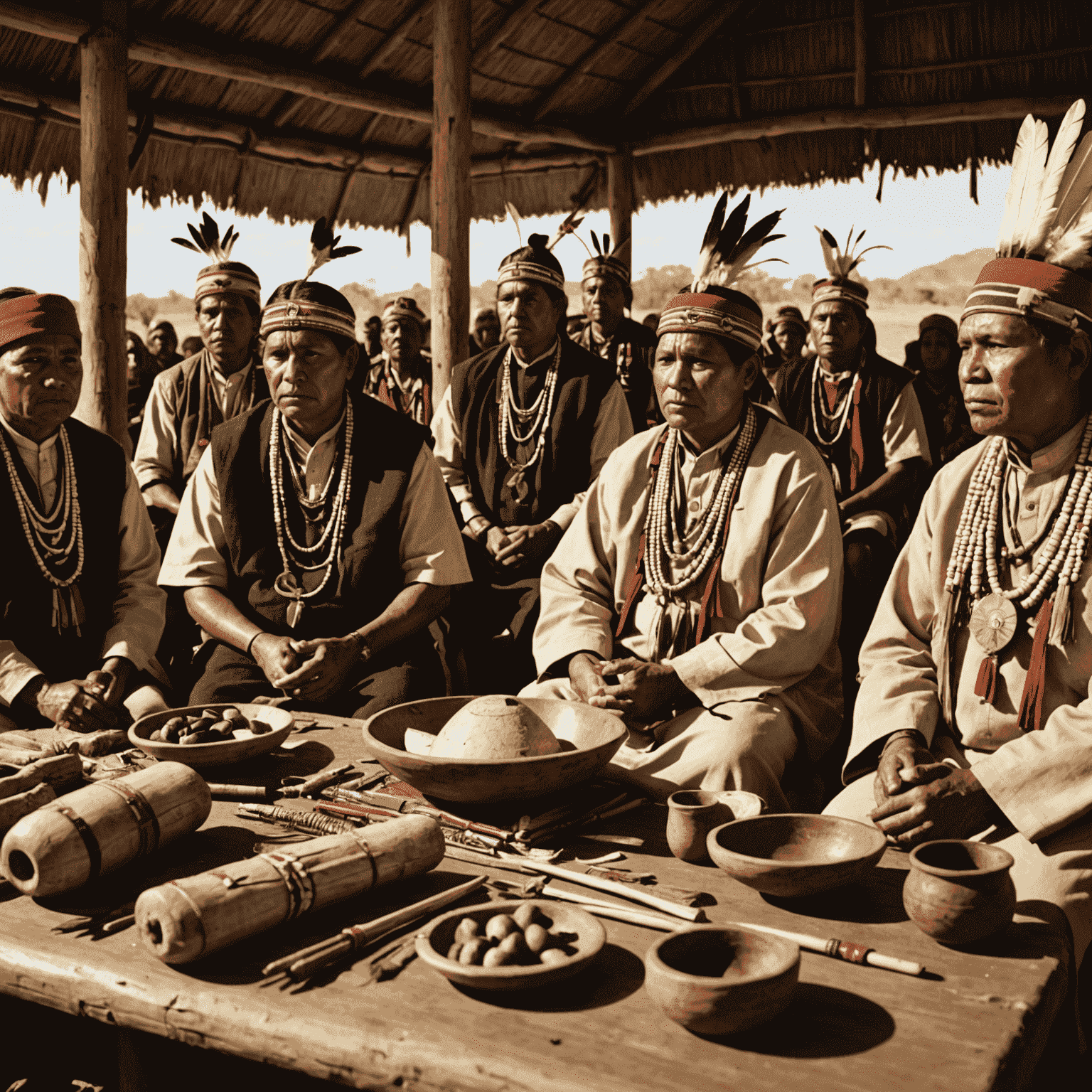 Indigenous leaders meeting with government officials, traditional ceremonial objects in foreground