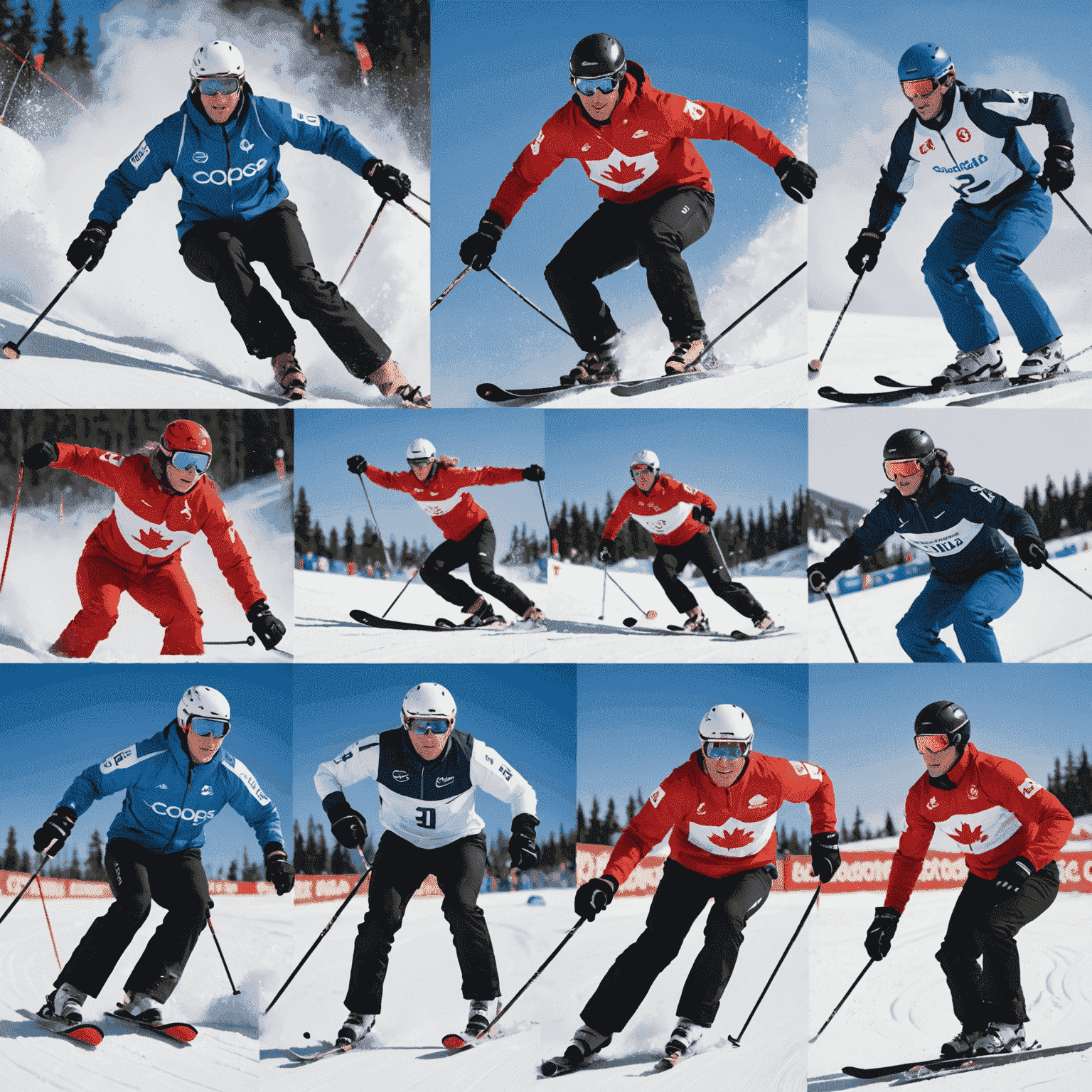 Collage of Canadian winter sport athletes in action: skiing, snowboarding, and curling