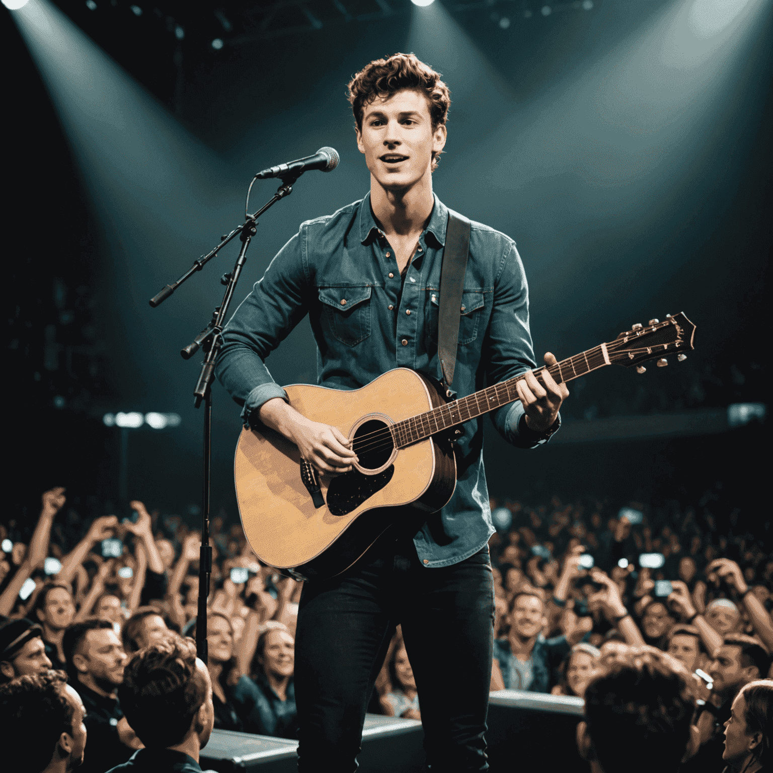 Shawn Mendes on stage with a guitar, performing to a large audience