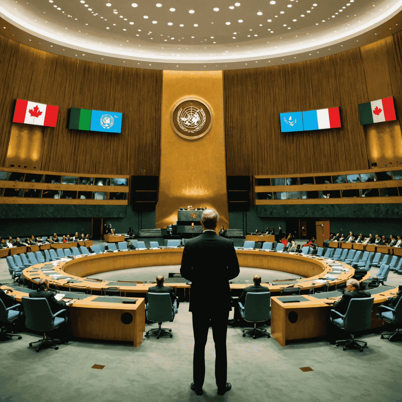 Canadian diplomats at United Nations headquarters, Canadian flag prominently displayed