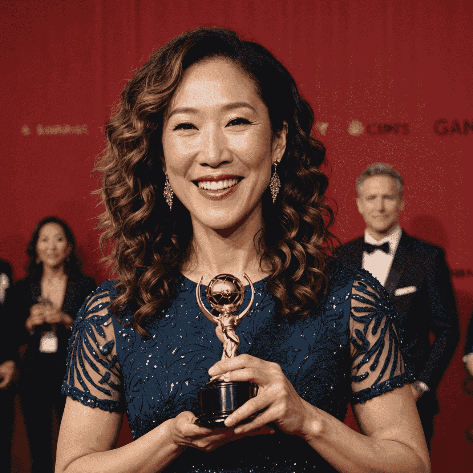 Sandra Oh holding an award trophy, smiling proudly on a red carpet