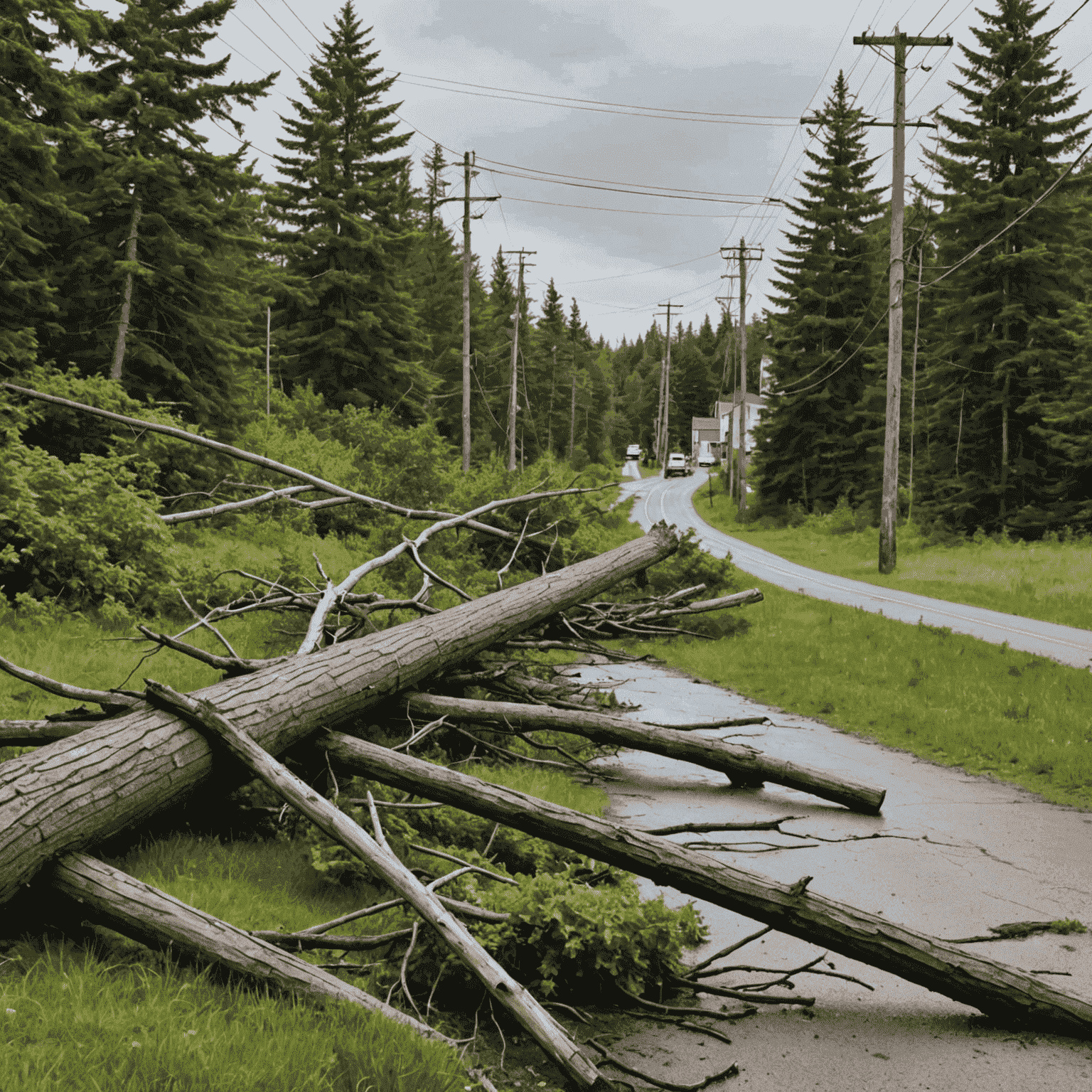 Aftermath of a severe storm in Nova Scotia with fallen trees and power lines